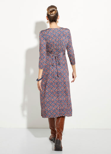 Robe fluide taille plissée motif ethnique Marine/Brique