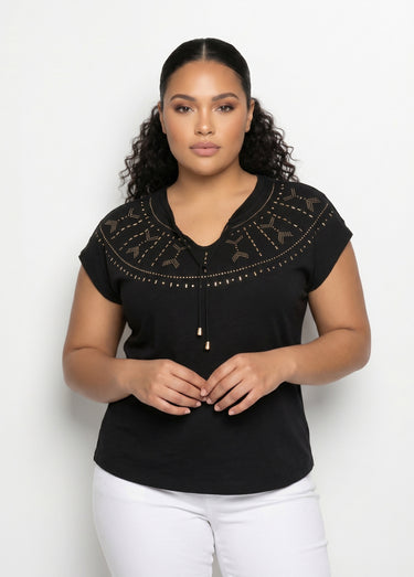 T-shirt court uni clouté maille flammée Noir