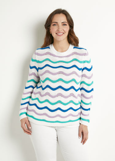 Pull doux col rond reliefé rayé point mousse Fond Ecru