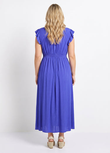Robe longue, épaules volantées Bleu