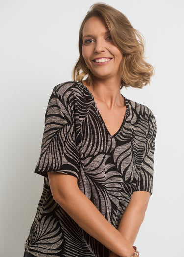 T-shirt col V maille imprimé animalier Gris/Noir
