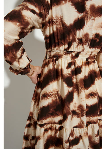 Robe volantée col V manches resserrées Marron/Beige