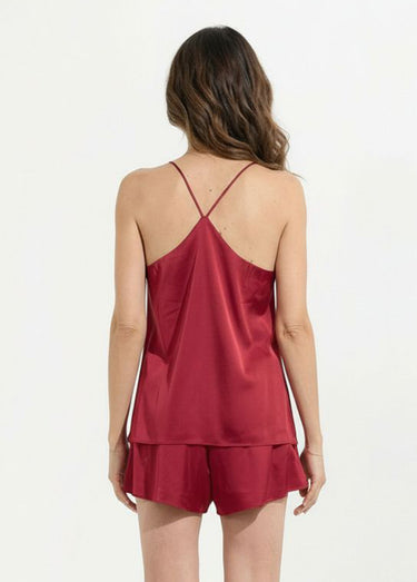 Pyjama short satin, bretelles croisées Bordeaux