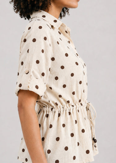 Blouse à pois ceinturée, avec lin Ecru/Marron