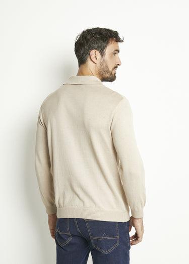 Pull col polo zippé manches longues coton jacquard Beige