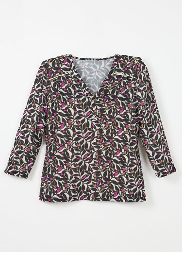 T-shirt court col V manches 3/4 imprimé feuilles Ecru/Rose