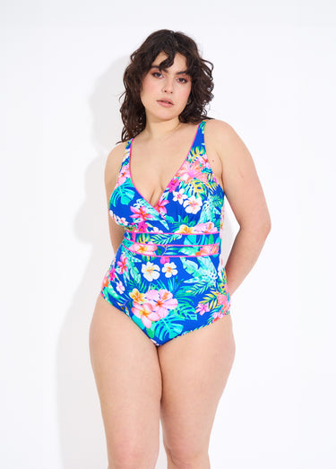 Maillot de bain 1 pièce fleurs exotiques Bleu Imprime