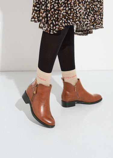 Low boots à talon large et zip déco Camel