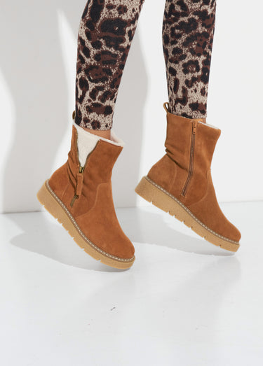 Boots montantes cuir, détails fourrure Camel