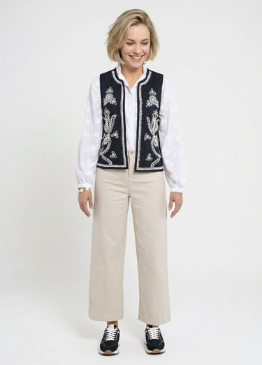 Gilet brodé sans manches toile coton Noir/Ecru