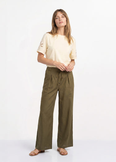 Pantalon large avec lin, style ethnique Kaki