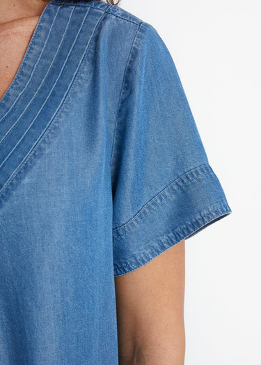 Robe courte droite tissu lyocell Bleu
