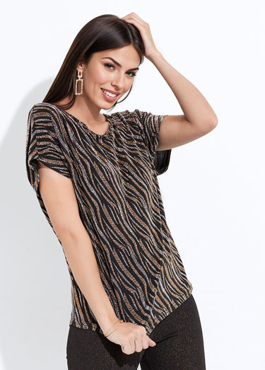 T-shirt court maille brillante jacquard dentelle Noir/Cuivre