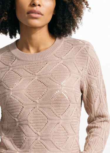 Pull tunique mi long uni col rond maille ajourée Beige Rose