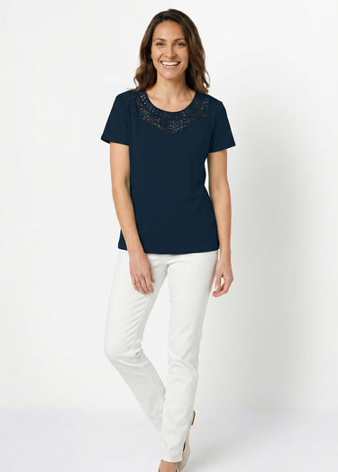 T-shirt macramé coton uni manches courtes Marine