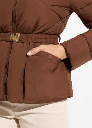Doudoune courte ceinturée capuche fourrure Marron