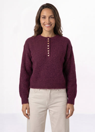 Pull avec laine, col rond boutons métal Bordeaux