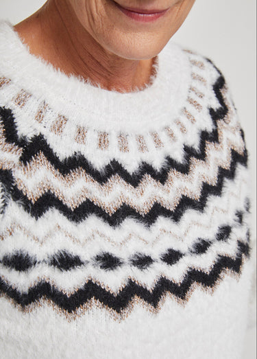 Pull col rond maille poilue jacquard soleil Blanc