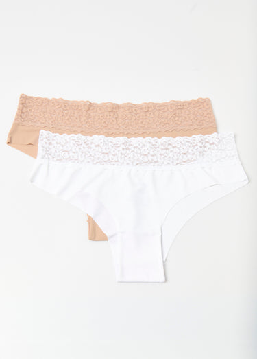 Shortys en microfibre, taille dentelle Blanc/Beige