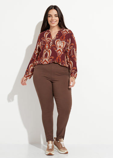 Blouse col V boutonné imprimé acanthes Bordeaux