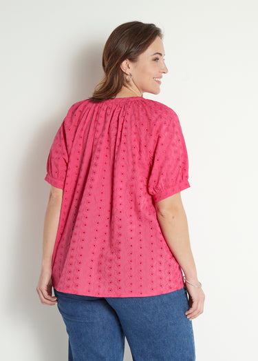 Chemisier ample coton brodé sans col Fuchsia