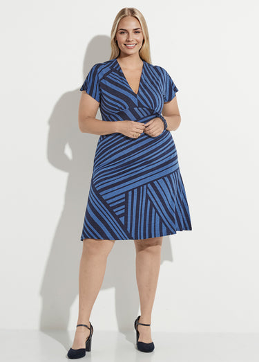 Robe longue manches col V rayures Bleu