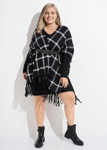 Poncho cape en maille, motif carreaux Carreaux Noir
