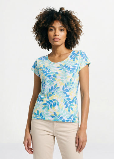 T-shirt manches courtes imprimé feuillage col rond Vert/Jaune