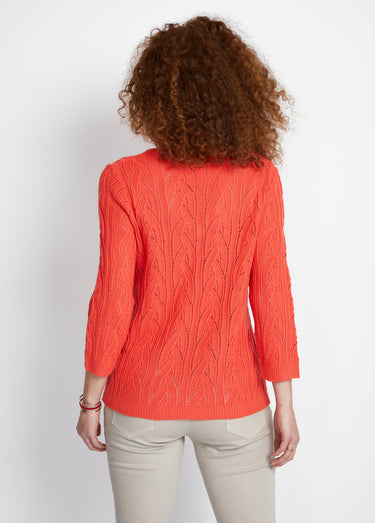 Pull col V manches 3/4 maille ajourée Orange