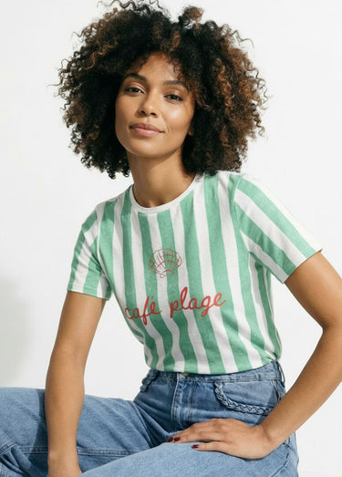 T-shirt rayé col rond message Café plage Vert/Blanc
