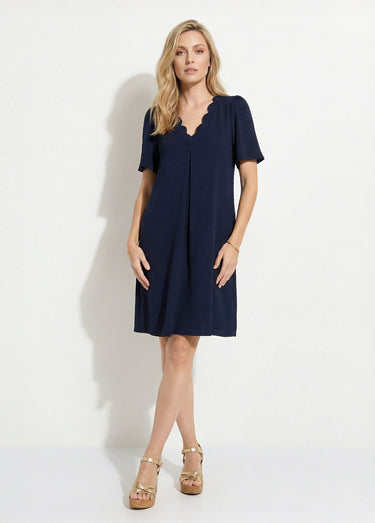 Robe droite courte col V festonné Marine