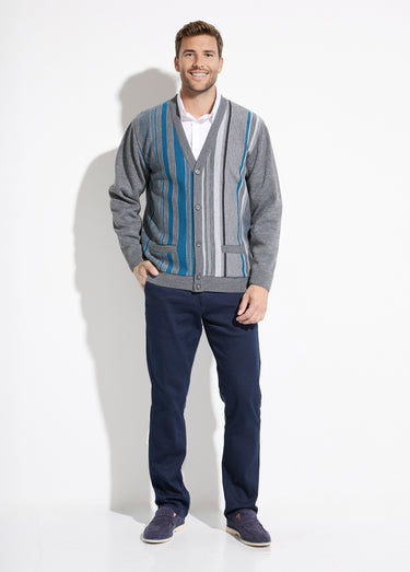 Gilet col V boutonné rayures jacquard laine Gris