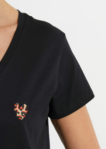 T-shirt col V broderie léopard fluo Noir