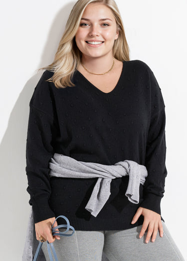 Pull col V maille fantaisie à pois Noir