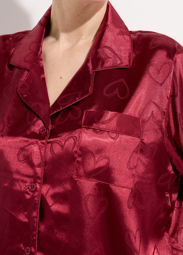 Pyjama long satin avec coeurs imprimés Bordeaux