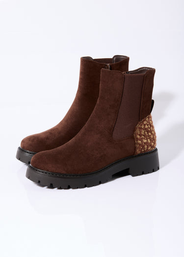 Boots Chelsea en suédine talon animalier Marron
