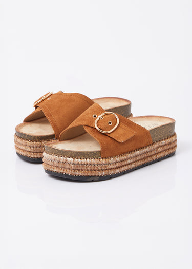 Mules suédine à boucle, semelle plateforme Camel