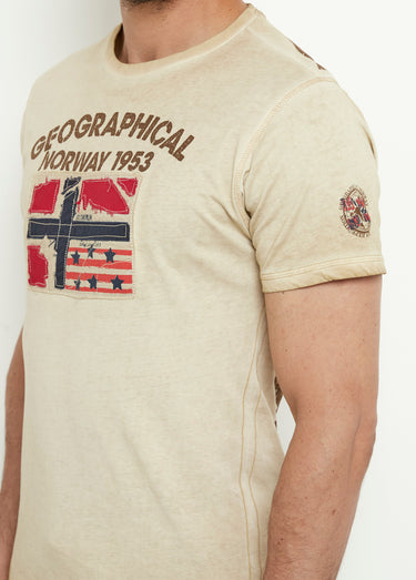T-shirt col rond drapeau brodé Beige