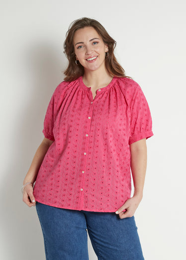 Chemisier ample coton brodé sans col Fuchsia