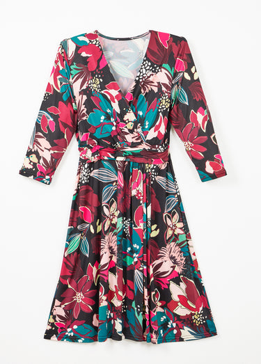 Robe cache-coeur courte évasée imprimé fleurs Imprime Fuchsia