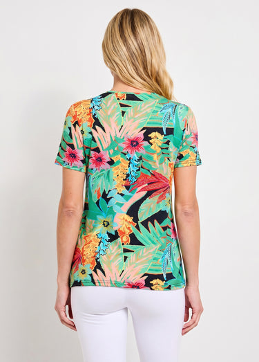 T-shirt long col rond imprimé exotique manches courtes Fond Noir