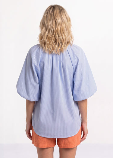 Blouse fleurs brodées, liens au col Bleu/Multicolore