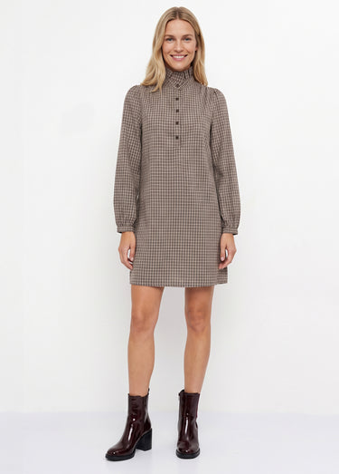 Robe chemisier à carreaux, col plissé Carreaux Marron