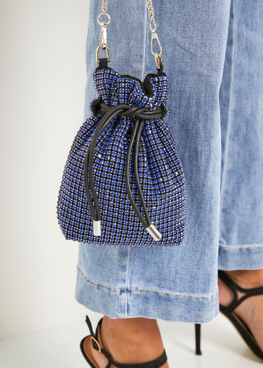 Sac bourse bandoulière maille de strass Bleu