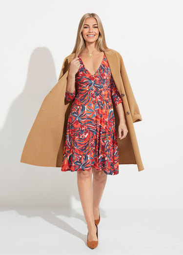 Robe cache-coeur courte manches 3/4 motif floral Imprime Tomette