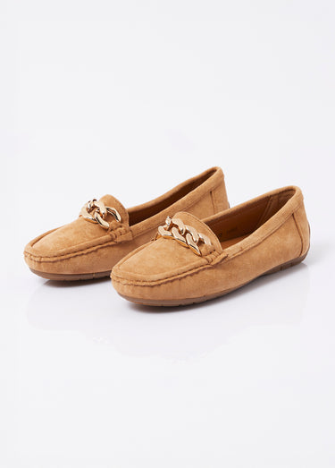Mocassins suédine, bride maillons métal Camel
