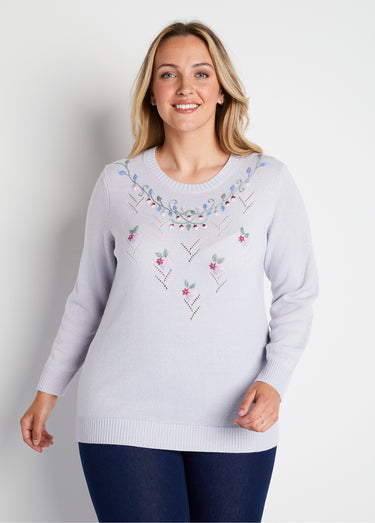 Pull doux uni brodé ajouré col rond Argent