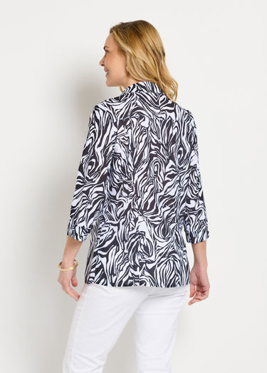 Chemisier long boutonné manches 3/4 peau de bête Noir / Blanc