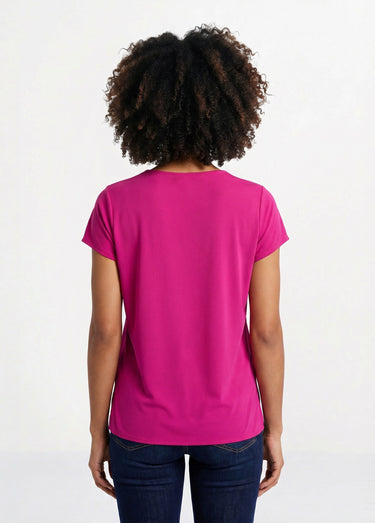Top long manches courtes broderies col rond Fuchsia