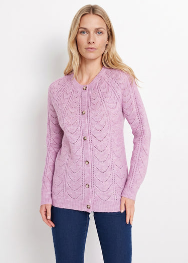 Gilet cardigan boutonné chiné ajouré col rond Lilas